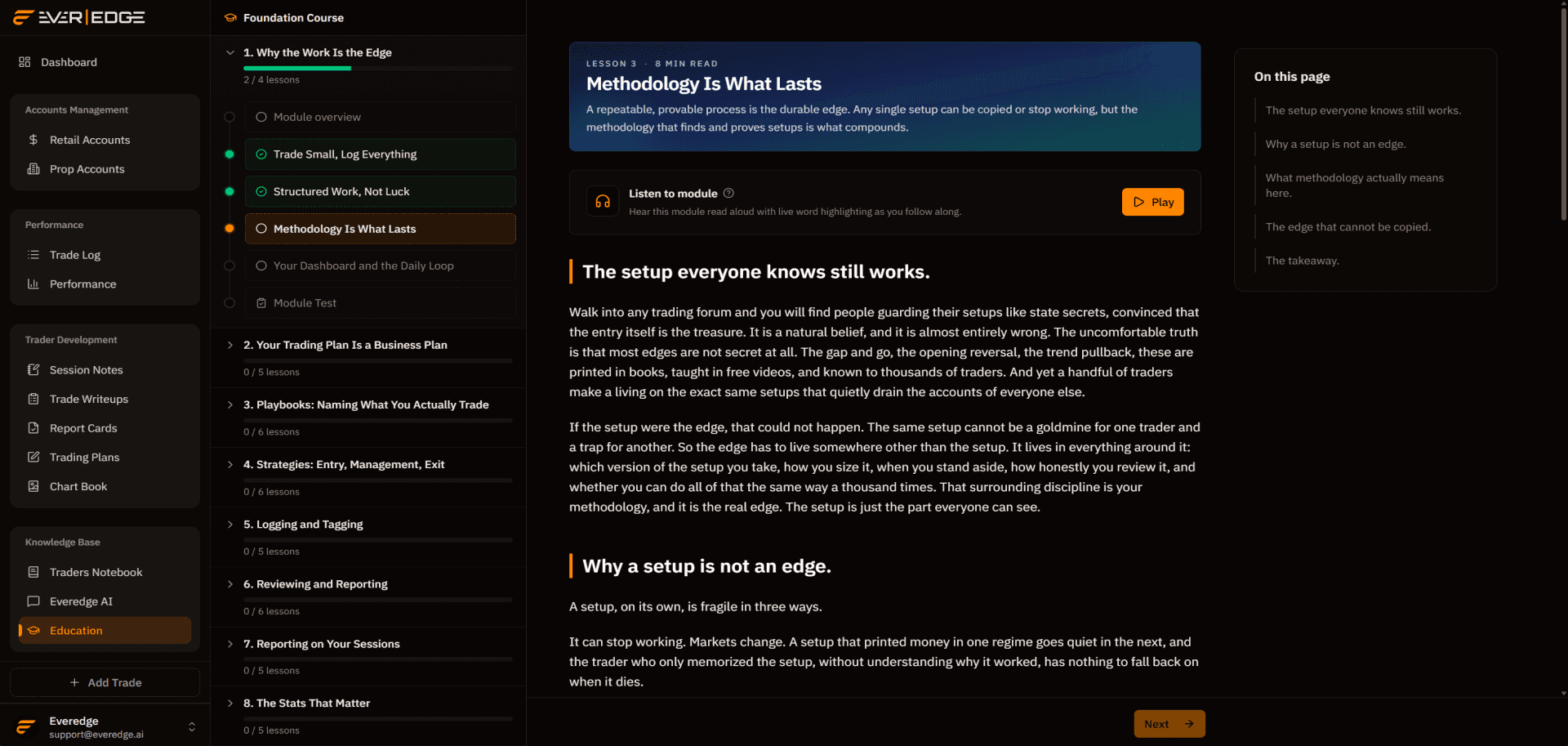 The Foundation Course in Everedge: guided modules and lesson progress for trader development