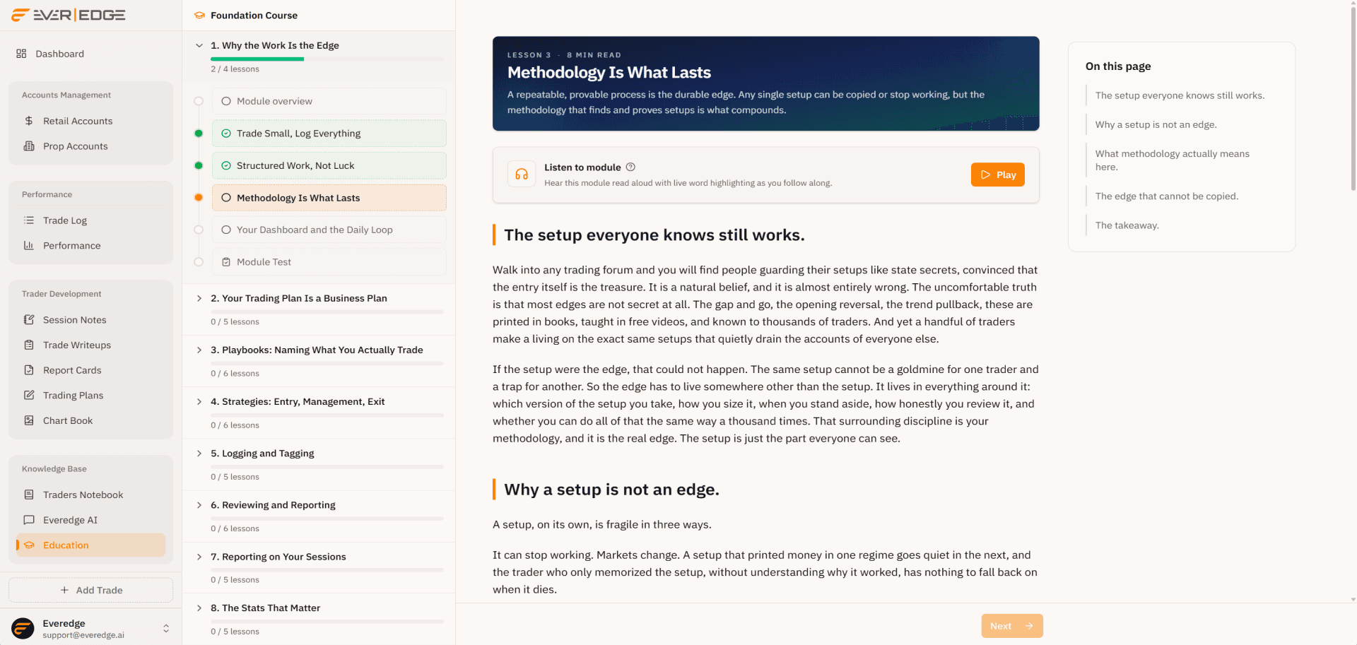 The Foundation Course in Everedge: guided modules and lesson progress for trader development