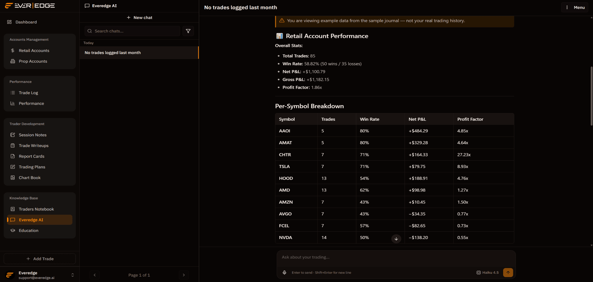 Everedge AI Coach with model selection, token cost, and session critique from your journal