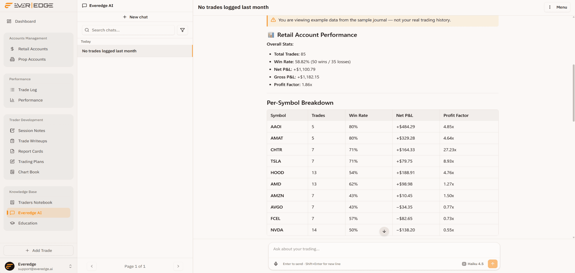 Everedge AI Coach with model selection, token cost, and session critique from your journal