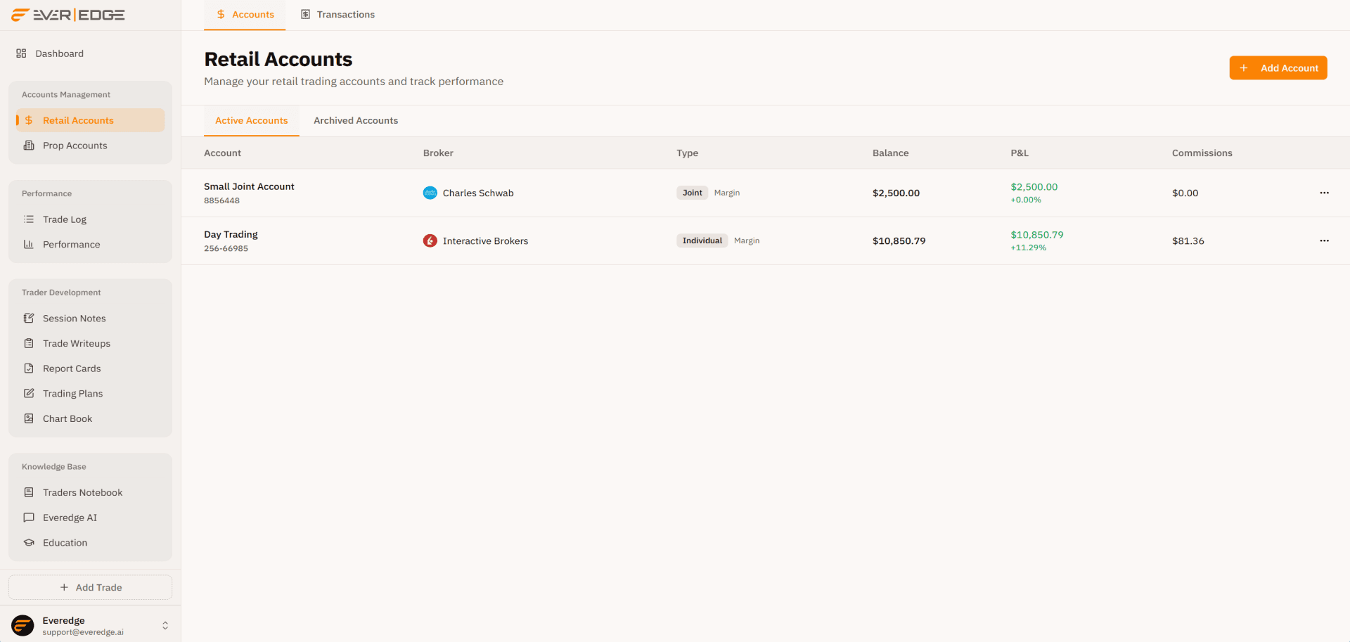 Retail accounts in Everedge: personal brokerage accounts with balance, trading P&L, and account history beside your prop book