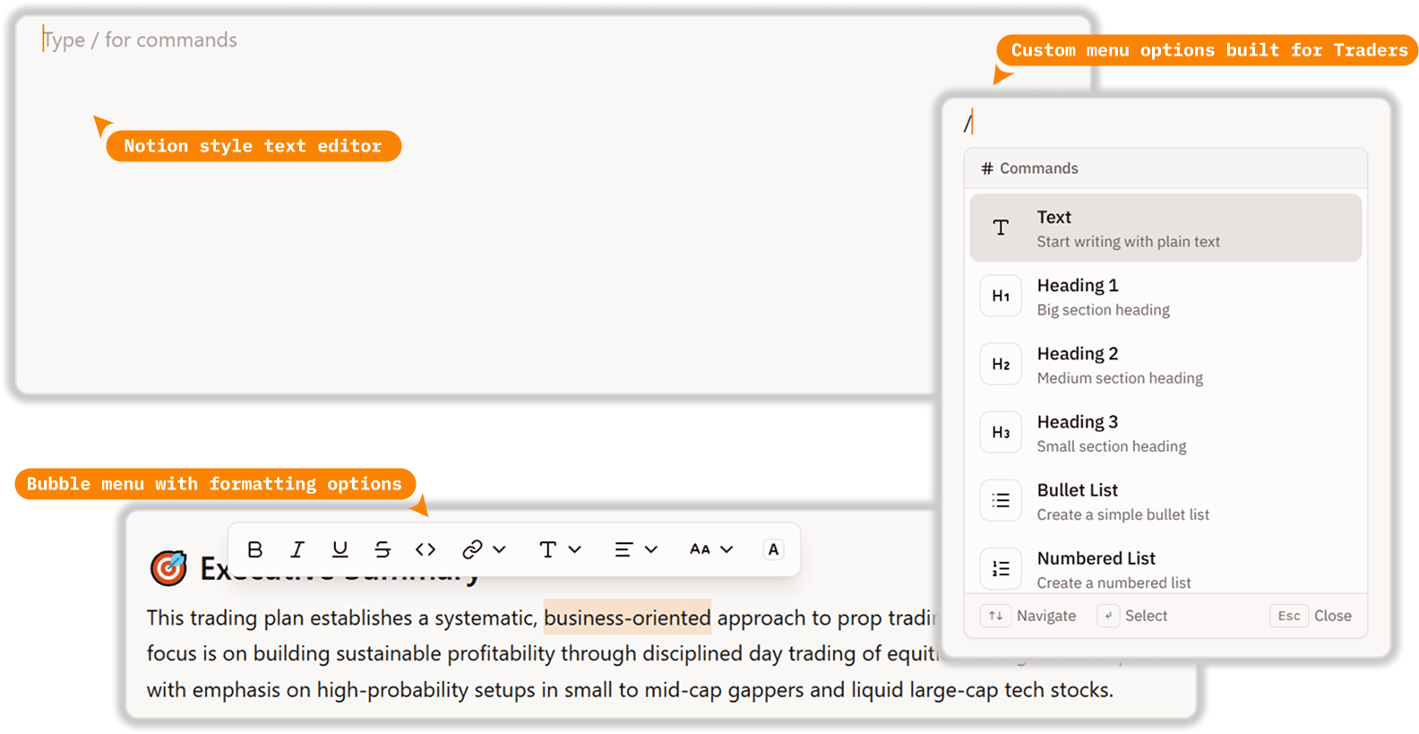 Notion-style trade journal editor for writing detailed trade analysis and plans
